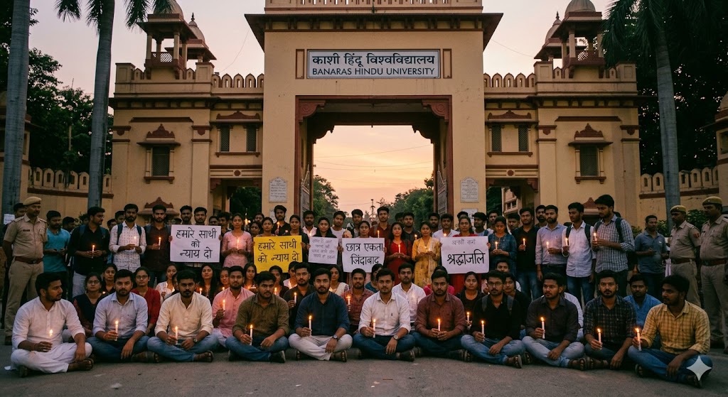 "काशी हन्दू विश्वविद्यालय के सिंह द्वार पर छात्र की मृत्यु पर शोक जताते हुए और न्याय की मांग करते छात्र|"