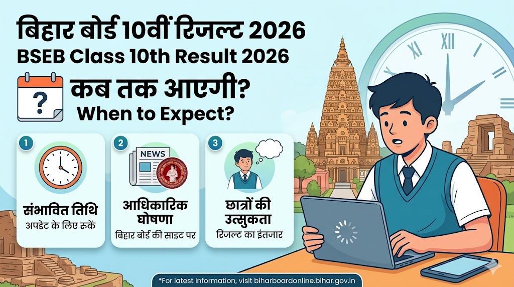 बिहार बोर्ड 10वीं रिजल्ट 2026 तक तक आएगा? छात्रों की उत्सुकता दर्शाती इन्फ्रोग्राफिक इमेज|
