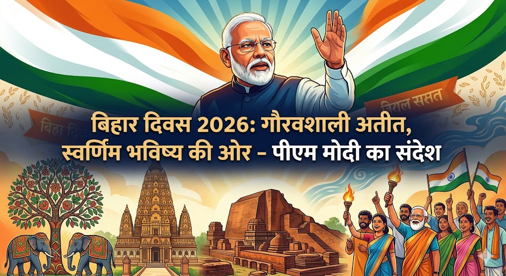 "पीएम नरेंद्र मोदी का बिहार दिवस 2026 पर संदेश - महाबोधि मंदिर और नालंदा विश्वविद्यालय के साथ एक डिजिटल इलस्ट्रेशन जिसमे 'विकसित बिहार' का संकल्प दर्शाया गया हैं|"
