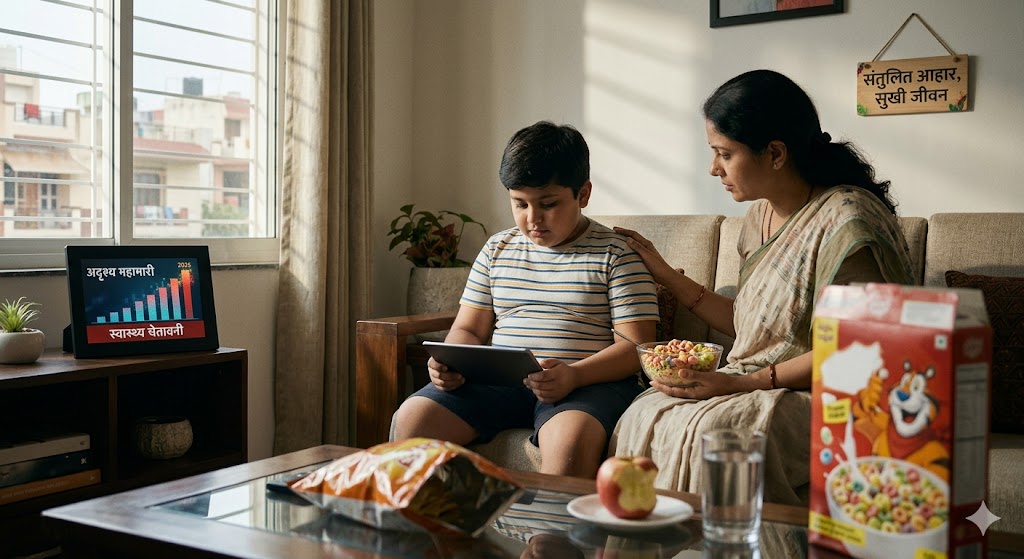 An Indian mother concerned about her child's health and obesity, health warning news 2026