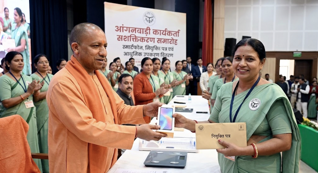 सीएम योगी आदित्यनाथ आंगनबाड़ी कार्यकर्ता को स्मार्टफोन और नियुक्ति पत्र वितरित करते हुए|