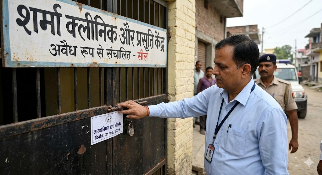 गाजीपुर में स्वास्थ्य विभाग की टीम द्वारा अवैध अस्पताल को सील किए जाने का दृश्य|