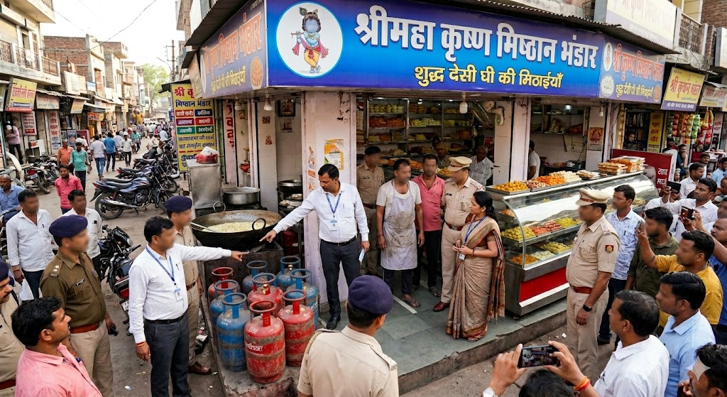 मिठाई दुकान पर पुलिस और खाद्य अधिकारीयों की छापेमारी और जांच 