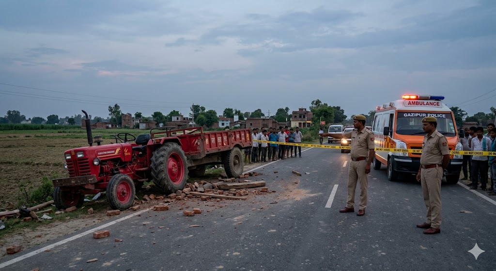 गाजीपुर सड़क हादसे के बाद घटनास्थल पर जांच करती पुलिस और एम्बुलेंस 
