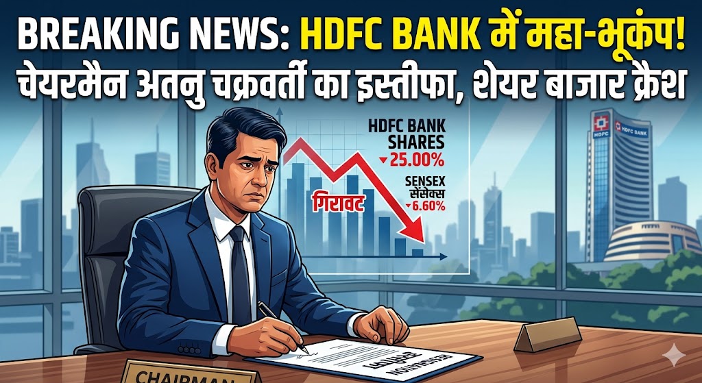 HDFC बैंक के चेयरमैन अतनु चक्रवर्ती का इस्तीफा और शेयर बाजार में गिरावट का चित्रण|