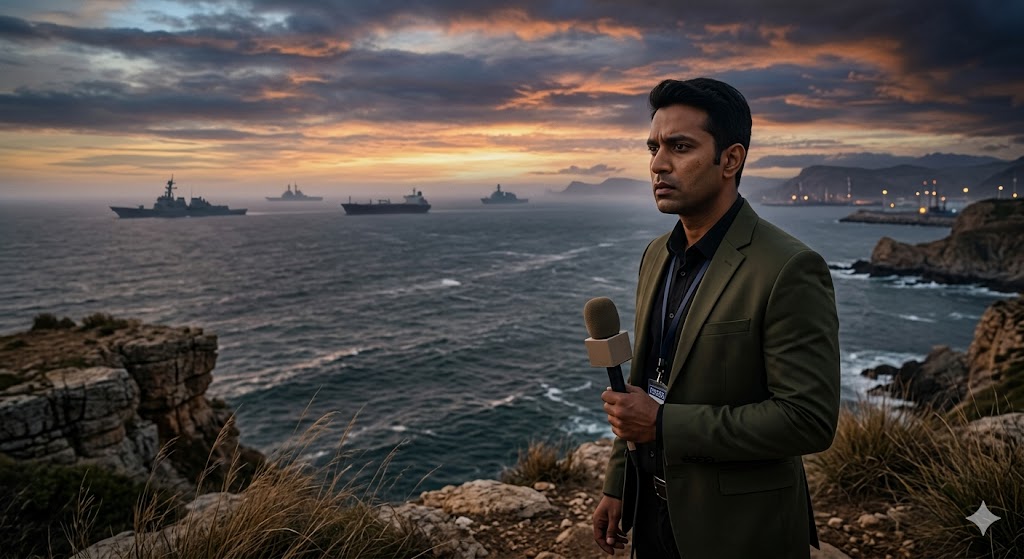 A news reporter looking at warships at dusk, representing the Iran-Israel war tension.