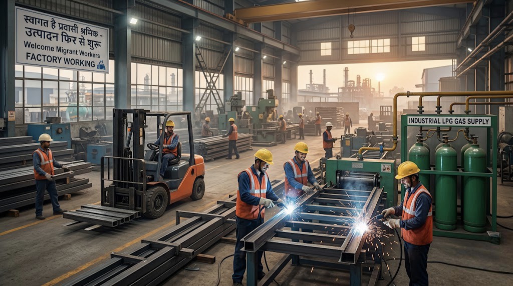 Indian factory workers returning to work after LPG crisis 2026
