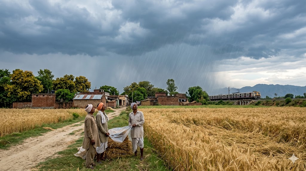 भारत में भारी बारिश और ओलावृष्टि के बीच चिंतित किसान और खराब होता मौसम|