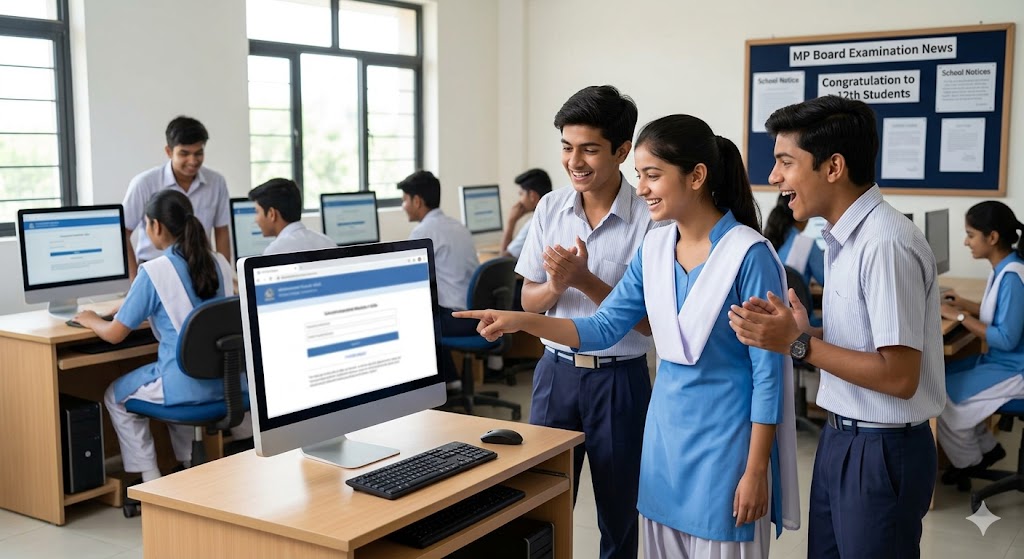 MP Board 12th result 2026 चेक करने के लिए कंप्यूटर स्क्रीन देखते हुए खुश छात्र|