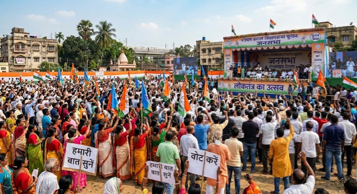 पश्चिम बंगाल विधानसभा चुनाव की एक बड़ी जनसभा का दृश्य जिसमें लोग झंडे और पोस्टर लिए खड़े हैं|