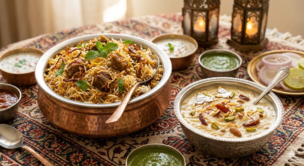 "स्वादिष्ट मटन बिरयानी और केसरिया शीर-खुरमा की फोटो|"