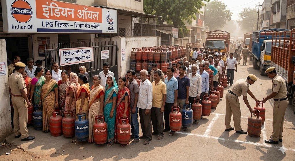 भारत में गैस एजेंसी के बाहर खली सिलेंडर लेकर कतार में खड़े लोग (People standing in queue with empty cylinders outside a gas agency in India)