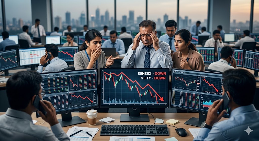 भारतीय शेयर बाजार में गिरावट का दृश्य: लाल स्क्रीन पर गिरने हुए सेंसेक्स और निफ्टी के चार्ट को देखते परेशान निवेशक|
