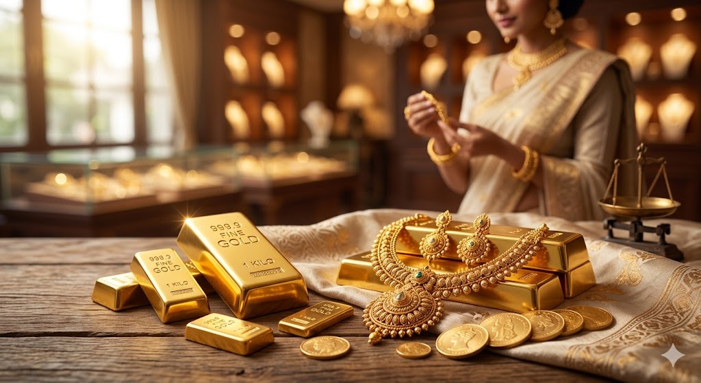 मेज पर रखे सोने की ईंटे (Gold Bars), सिक्के और भारतीय सोने के गहने, पीछे एक ज्वेलरी शोरुम का दृश्य|