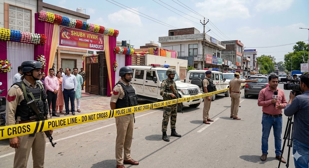 "एक बैकट हॉल के बाहर जम्मू-कश्मीर पुलिस और सुरक्षा बल, जहाँ फारुक अब्दुल्ला पर हमले के बाद घेराबंदी की गई हैं और एक रिपोर्टर रिपोर्टिंग कर रहा हैं|"