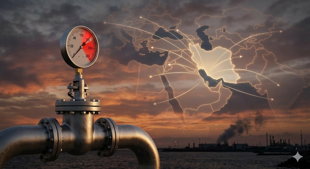 Symbolic representation of Middle East oil crisis showing oil pressure gauge and a map highlighting Iran and global supply lines during the 2026 conflict.