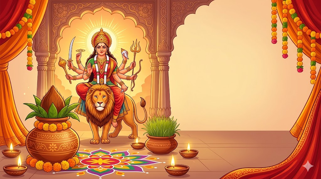 शेर पर सवार माँ दुर्गा, हाथ में कलश और ज्वारे के साथ चैत्र नवरात्रि 2026 की पूजा की तैयारी|