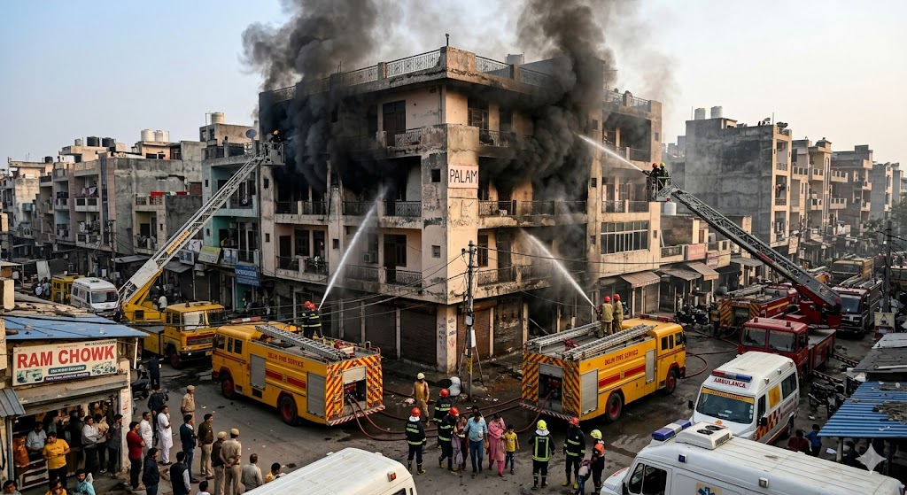 Delhi Palam Ram Chowk fire accident in a five-storey building with fire brigade rescue operation.
