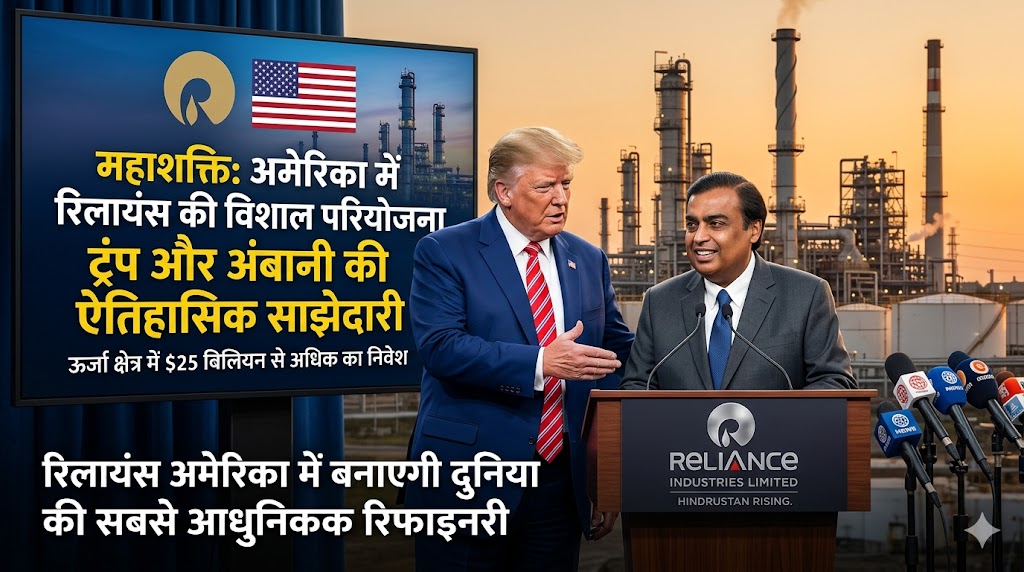 "मुकेश अंबानी और डोनाल्ड ट्रंप एक पोडियम पर खड़े होकर अमेरिका में रिलायंस की नई रिफाईनरी परियोजना का एलान कर रहे हैं, बैकग्राउंड में एक विशाल औद्योगिक रिफाईनरी दिखाई दे रही हैं|"