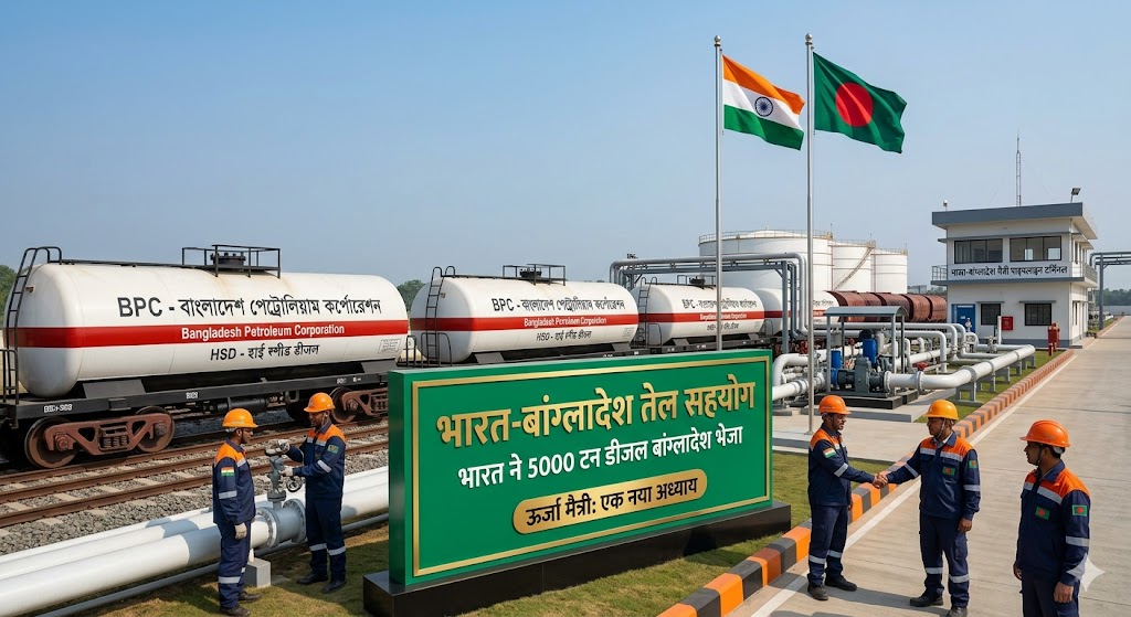 भारत-बांग्लादेश मैत्री पाइपलाइन टर्मिनल पर डीजल टैंकर और दोनों देशों के झंडे, भारत द्वारा 5000 टन डीजल की आपूर्ति का दृश्य|