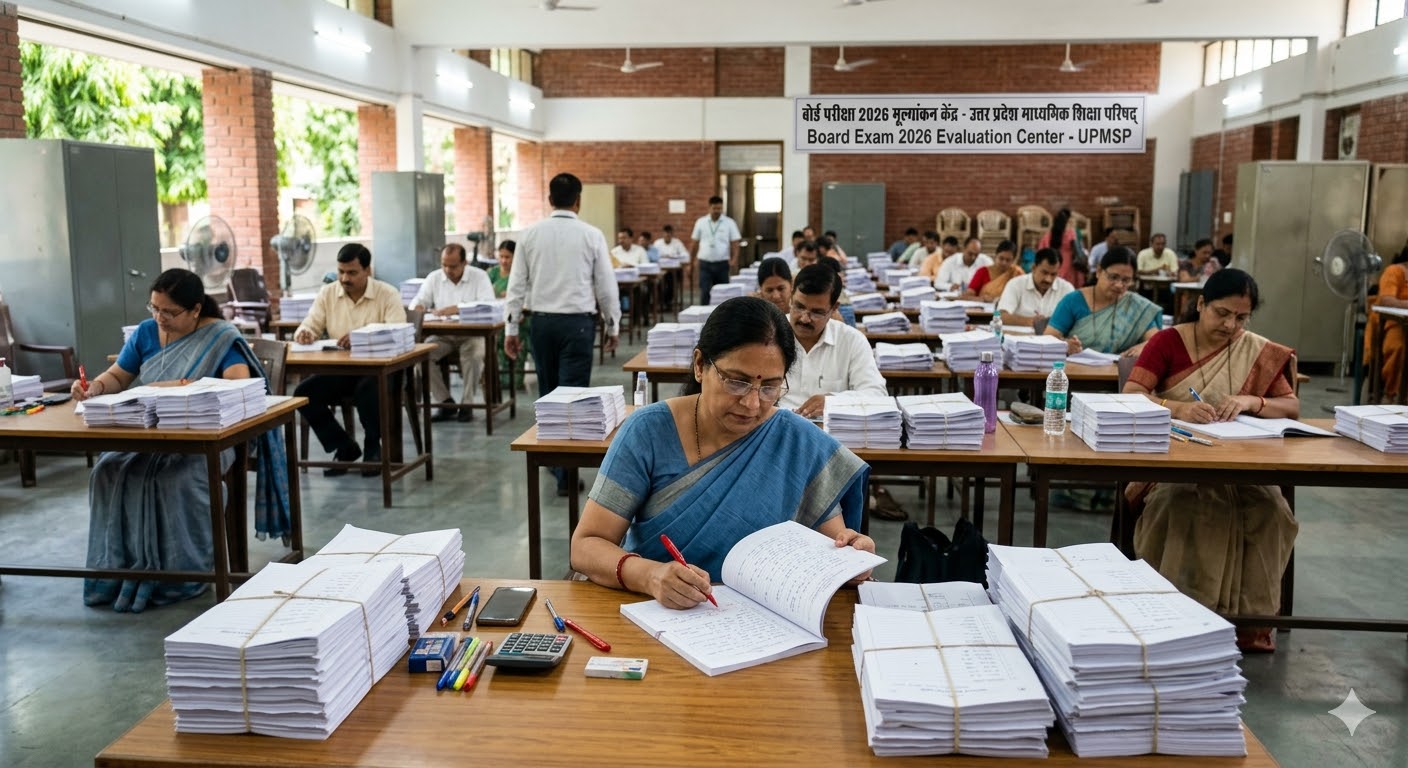भारतीय शिक्षक बोर्ड परीक्षा की कापियां जांचते हुए (Indian teachers checking board exam answer sheets)