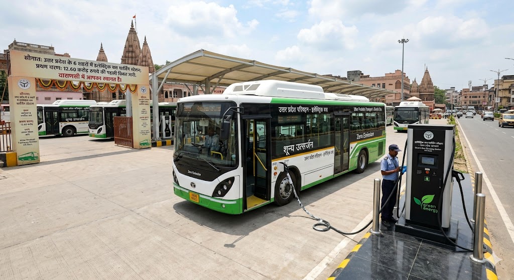 वाराणसी में चार्ज होती उत्तर प्रदेश परिवहन की इलेक्ट्रिक बस और चार्जिंग स्टेशन|