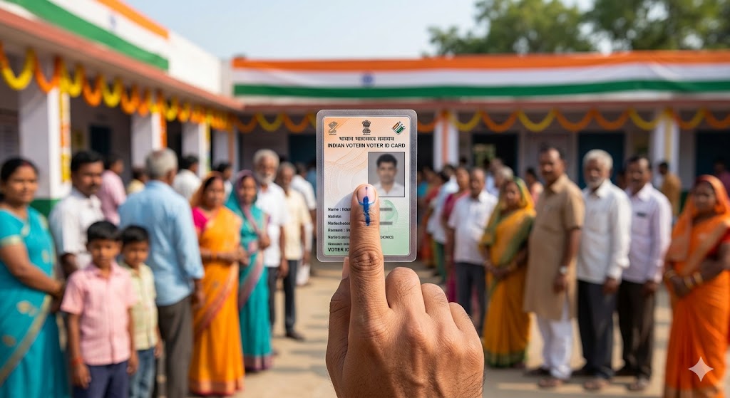 Indian voter holding ID card, symbolic of Vidhansabha Chunav 2026.