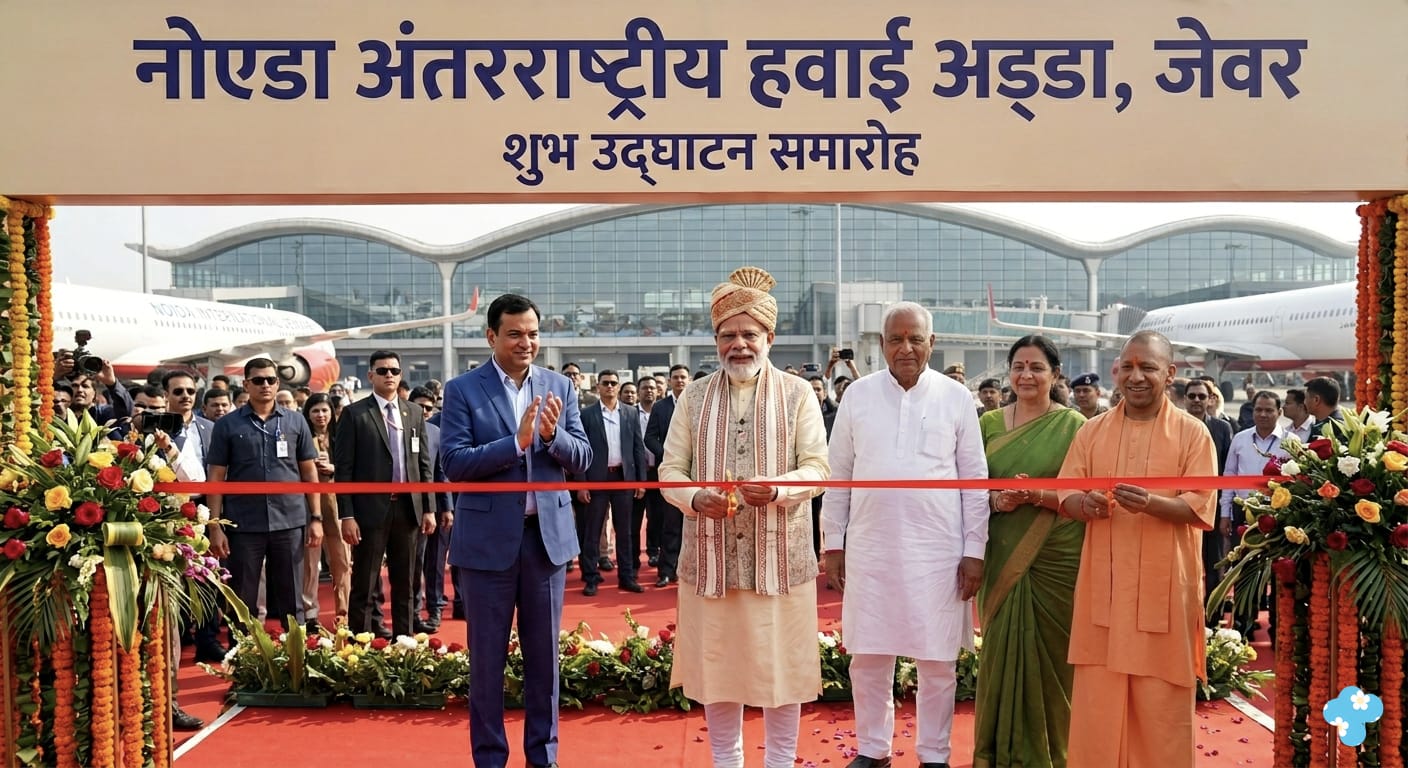 पीएम मोदी और अन्य गणमान्य व्यक्ति जेवर एयरपोर्ट पर रिबन काटकर 'नोएडा अंतर्राष्ट्रीय हवाई अड्डा' का उद्धाटन कर रहे हैं|
