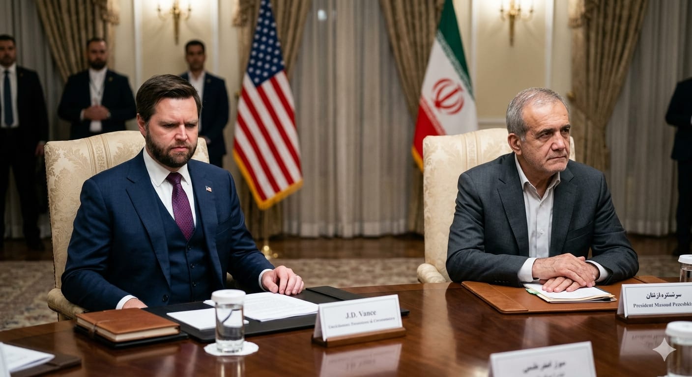 जे.डी. वेंस और मसूद पेजेश्क्यान एक मेज पर गंभीर मुद्रा में बैठे हुए|