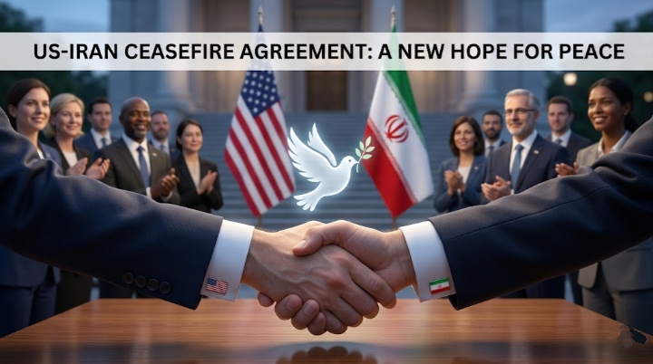 अमेरिका और ईरान के बीच युद्धविराम समझौता और शांति का प्रतीक सफेद कबूतर 