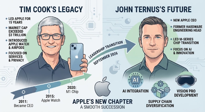एप्पल के निवर्तमान सीईओ टिम कुक और नए सीईओ जॉन टर्नस का चित्रण|