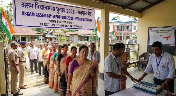 असम, केरल और पुडुचेरी विधानसभा चुनाव 2026 में मतदान केंद्र पर वोट मतदाता|