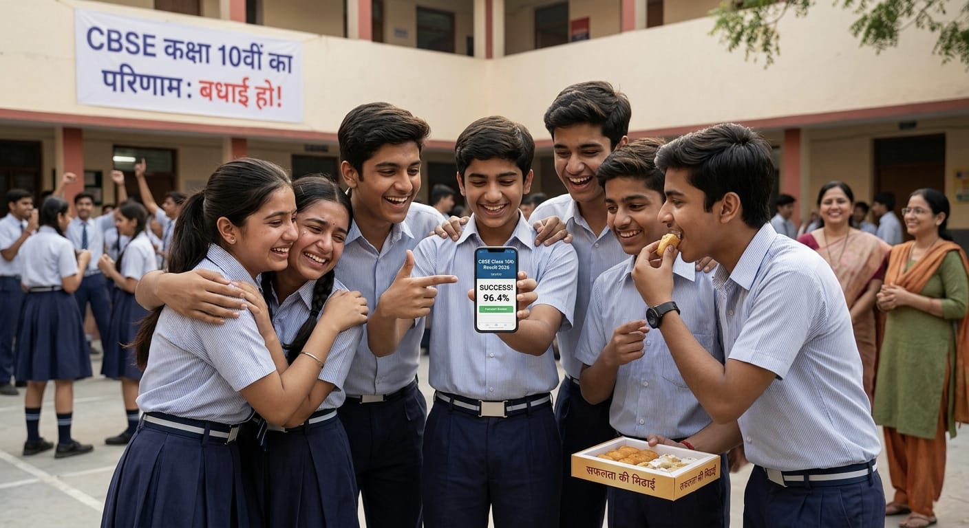 परिणाम देखने के बाद मोबाइल के साथ जश्न मनाते स्कूली छात्र|
