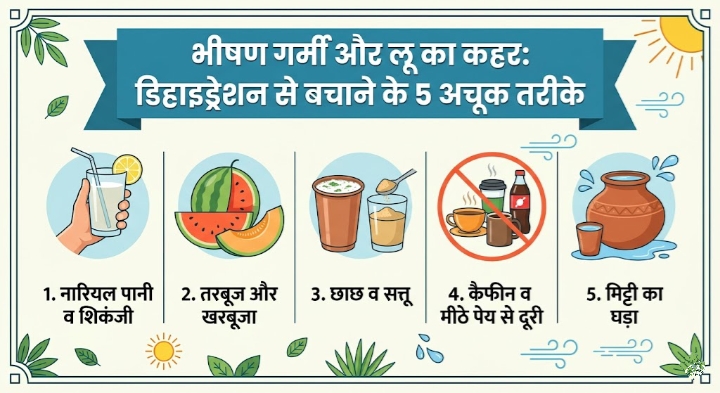भीषण गर्मी में डिहाइड्रेशन से बचने के 5 अचूक घरेलू उपायों का इन्फोग्राफिक चार्ट|