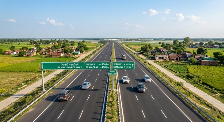 गंगा एक्सप्रेसवे का दृश्य, गाजियाबाद से प्रयागराज मार्ग|
