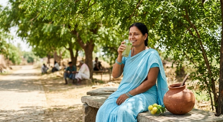 भीषण गर्मी में हाइड्रेटेड रहने के लिए नींबू पानी पीती महिला और पास रखा मिट्टी का घडा|