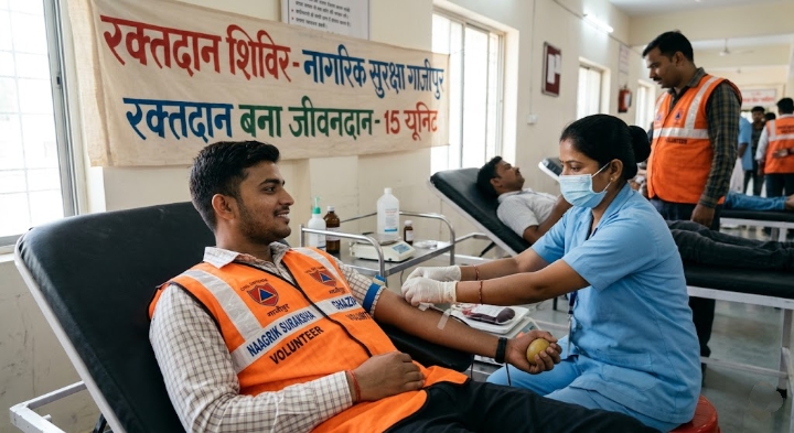 Ghazipur Civil Defense volunteers donating 15 units of blood at district hospital.