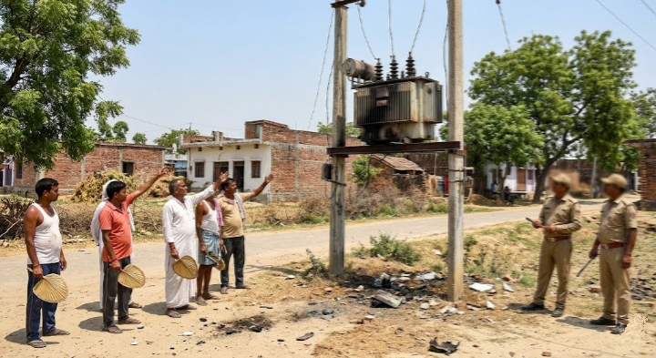 गाजीपुर में जले हुए ट्रांसफार्मर के पास खड़े परेशान ग्रामीण 