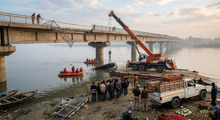 गाजीपुर के हमीद सेतु पर हादसा, नदी में डूबे ट्रक को निकलती करें और किनारे पर खड़ी पुलिस और भीड़|