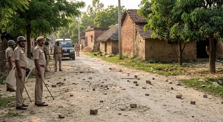 गाजीपुर के कटरिया गांव में पुलिस बल की तैनाती 