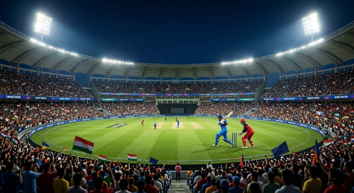 A crowded cricket stadium during IPL 2026 night match in lucknow.