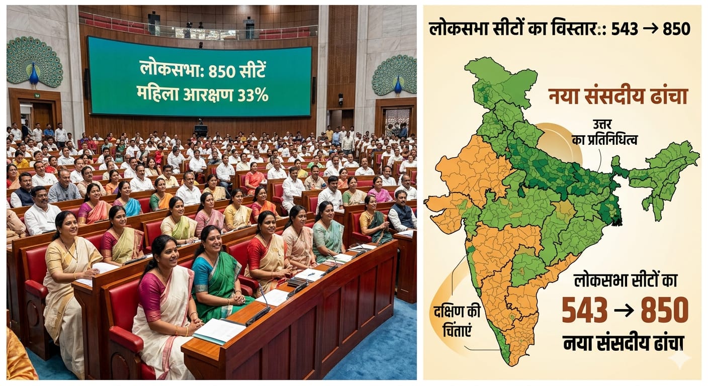 नई लोकसभा का दृश्य और भारत का मानचित्र जिसमें सीटों की संख्या 543 से बढ़ाकर 850 करने का विवरण दिखाया गया हैं|