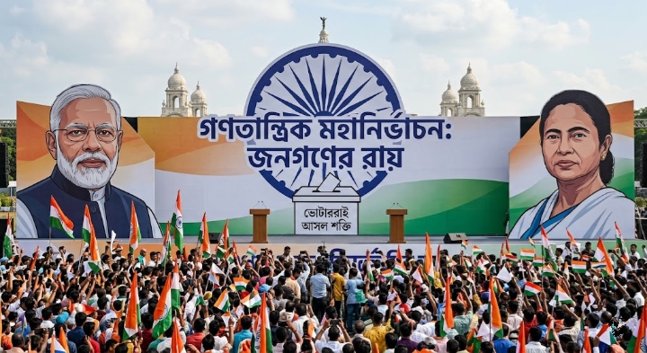 Narendra Modi and Mamata Banerjee portraits on a campaign stage in Kolkata, India.
