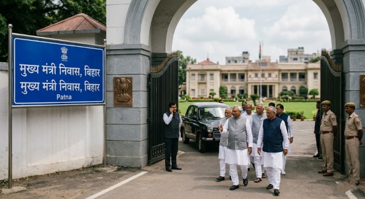 नितीश कुमार बिहार मुख्यमंत्री आवास पटना, जेडीयू नेताओं के साथ, ताजा खबर इमेज