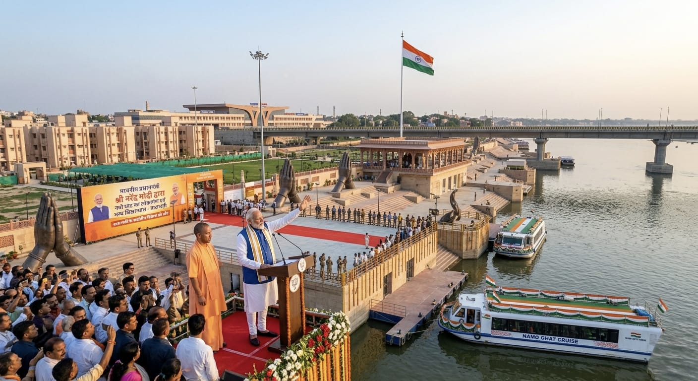 वाराणसी के नमो घाट पर जनसभा को संबोधित करते प्रधानमंत्री मोदी 