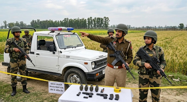 पंजाब पुलिस द्वारा जब्त किए गए हथियार और ड्रोन की तस्वीर|