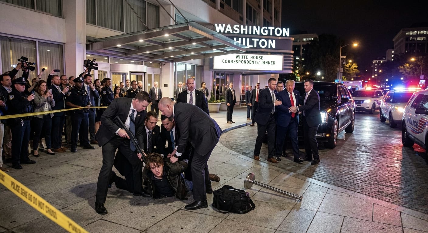 वाशिंगटन हिल्टन के बाहर सुरक्षा बलों द्वारा हमलावर को पकड़ने का दृश्य|