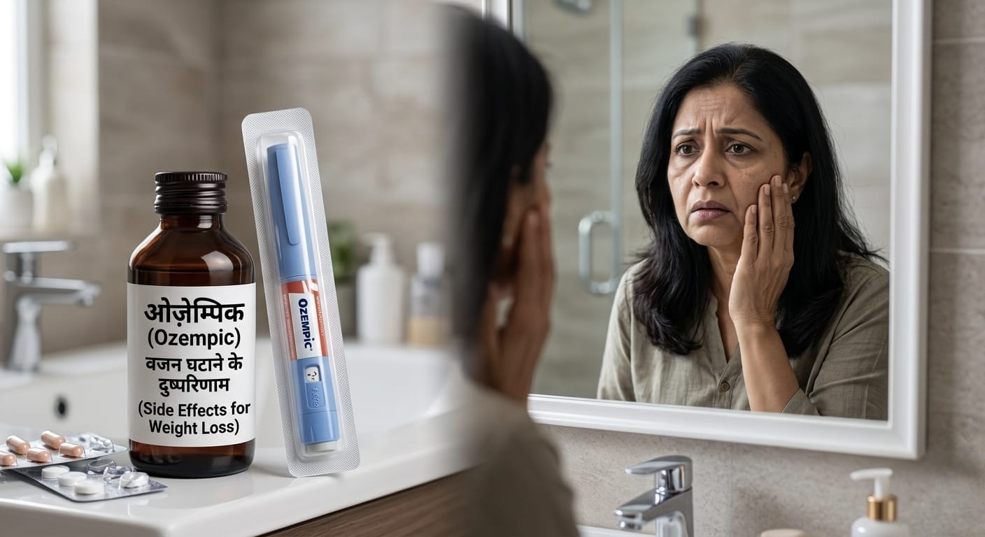 ओजेम्पिक दवा और चेहरे पर इसके दुष्प्रभाव देखती महिला|