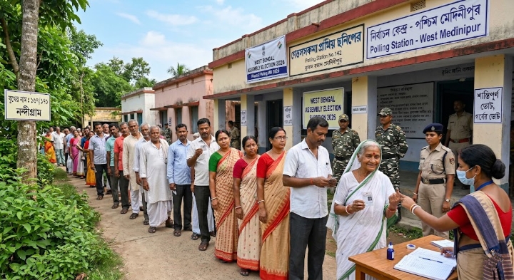 वेस्ट बंगाल इलेक्शन 2026 में पोलिंग बूथ के बाहर खड़े वोटर्स 