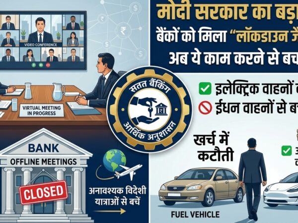 बैंक अधिकारीयों की वर्चुअल मीटिंग और खर्च में कटौती के निर्देशों को दर्शाती इन्फोग्राफिक इमेज|